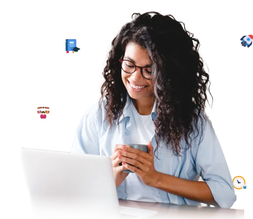 A smiling employee at her laptop, surrounded by engagement-factor icons
