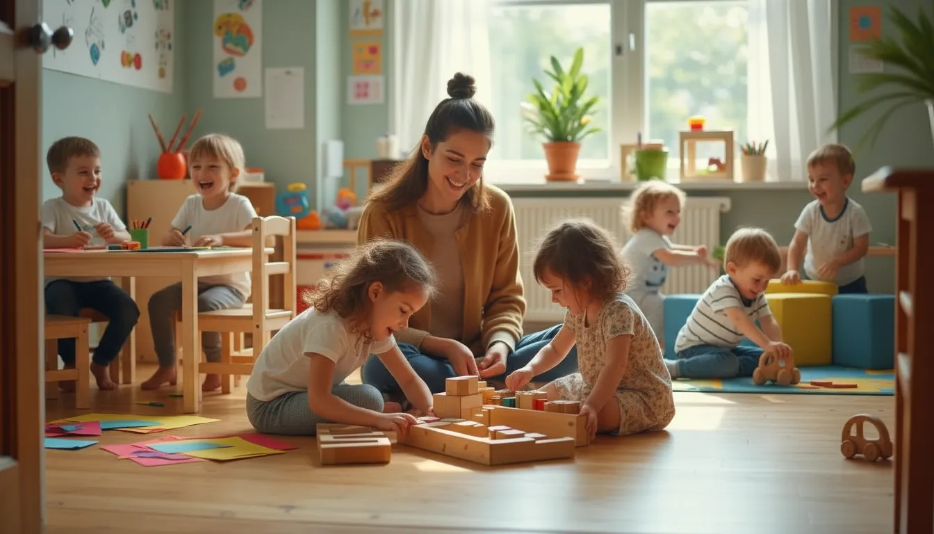 Une éducatrice joue avec des enfants dans un local de CPE lumineux